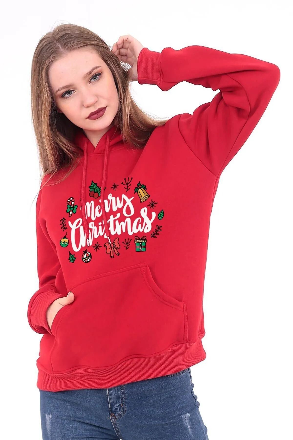 Yılbaşı Yeni Yıl Merry Christmas Oversize Kapşonlu Sweatshirt Kırmızı Hediye Hoodie