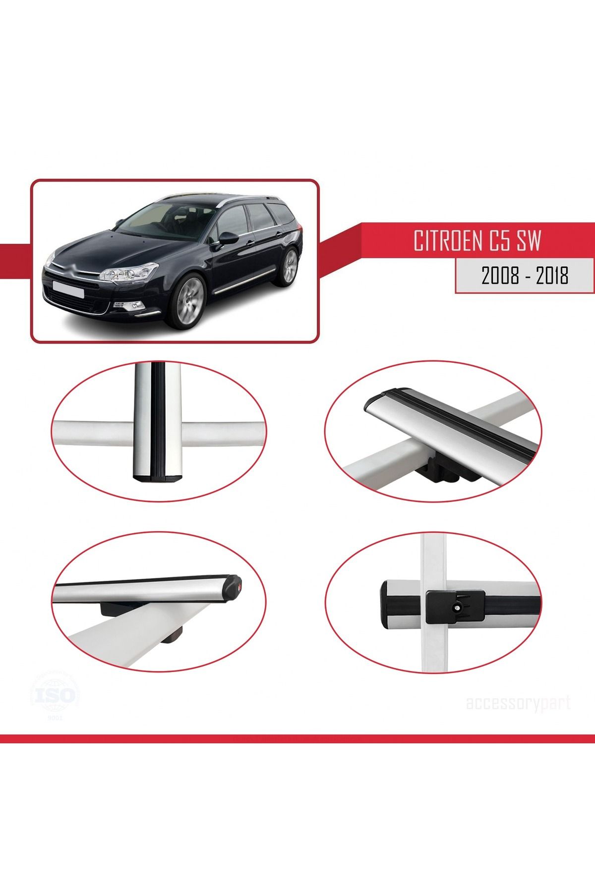 Citroen C5 Iı Tourer 2008-2018 Arası Ile Uyumlu Basıc Model Universal Ara Atkı Tavan Barı Gri 2 Adet