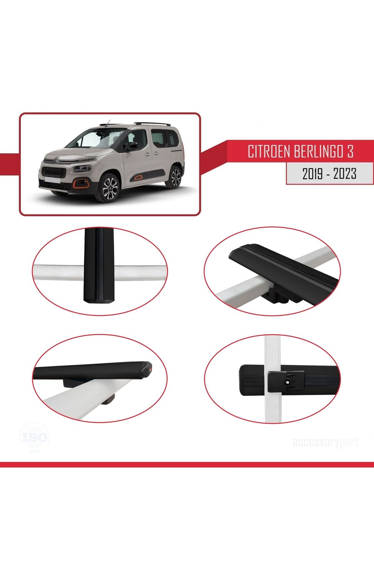 Citroen Berlingo 3 (K9) 2019-2022 Arası Ile Uyumlu Basıc Model Universal Ara Atkı Tavan Barı Siyah 3