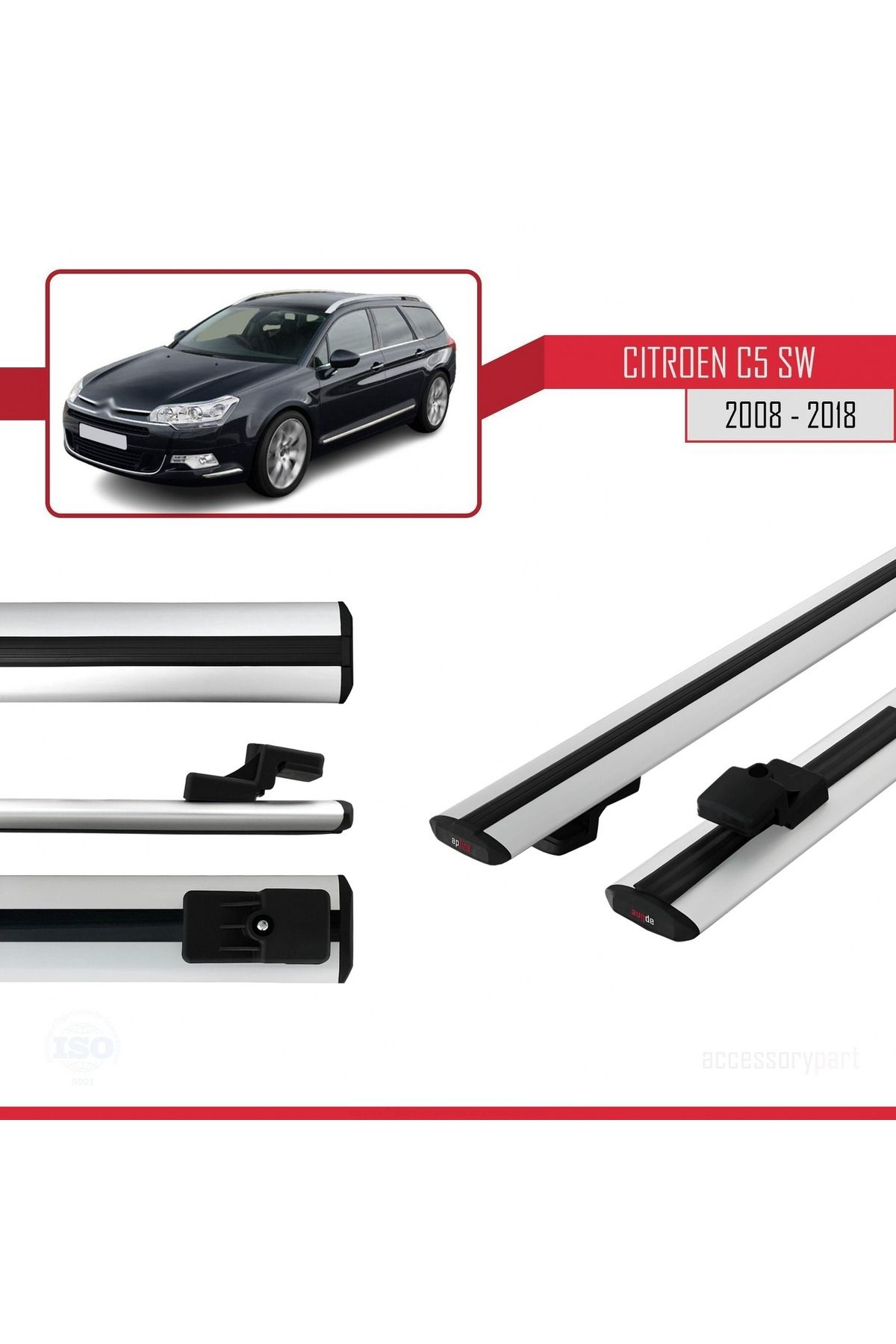 Citroen C5 Iı Tourer 2008-2018 Arası Ile Uyumlu Basıc Model Universal Ara Atkı Tavan Barı Gri 2 Adet