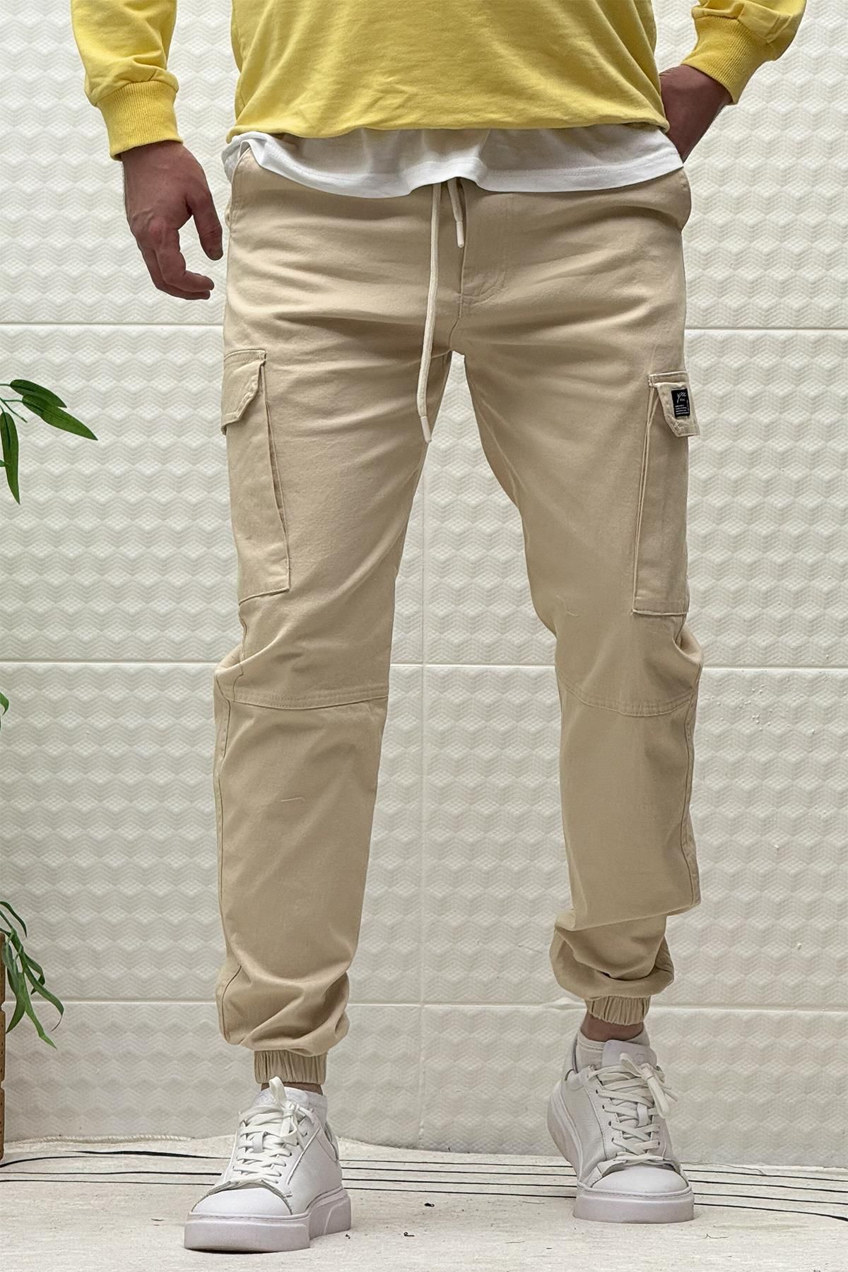 Erkek Beli Lastikli Likralı Kargo Cepli Gabardin Pantalon