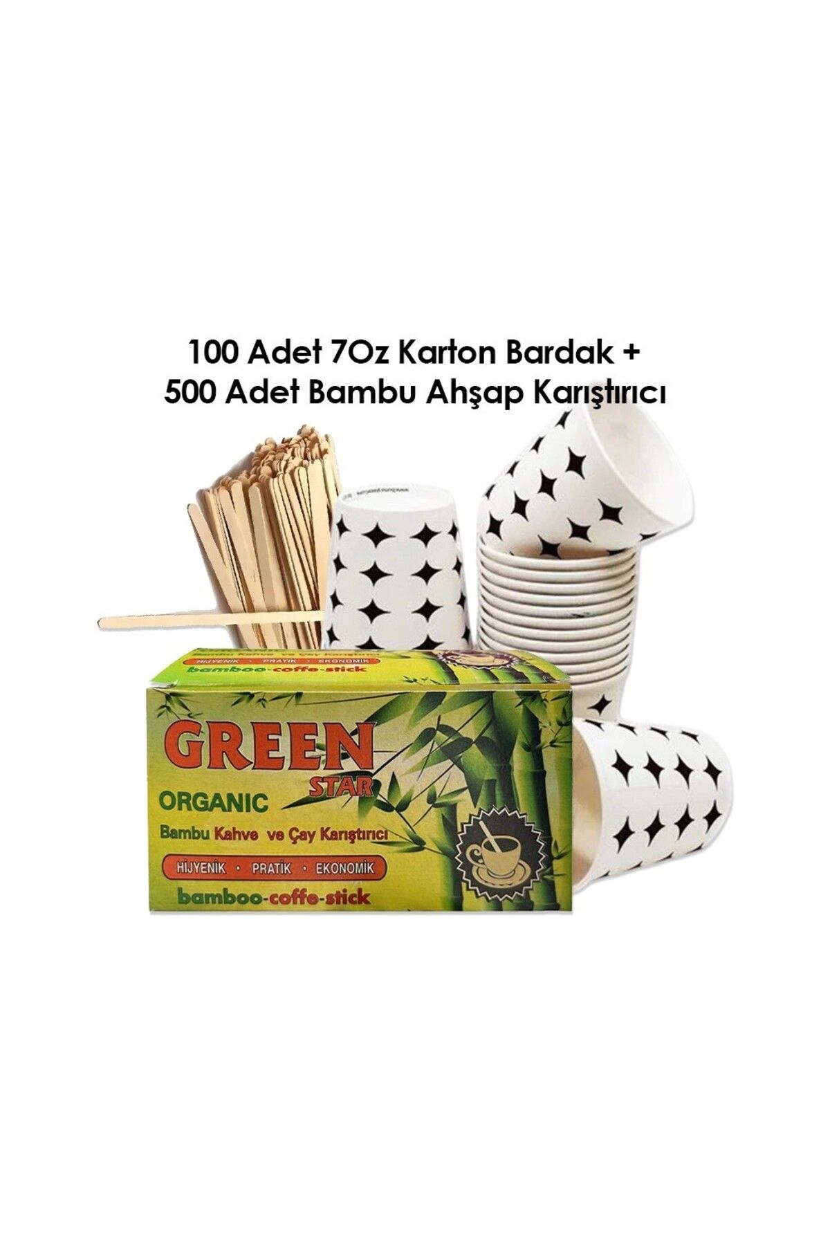 Green 7 Oz Karton Bardak 100Adet + Bambu Ahşa...