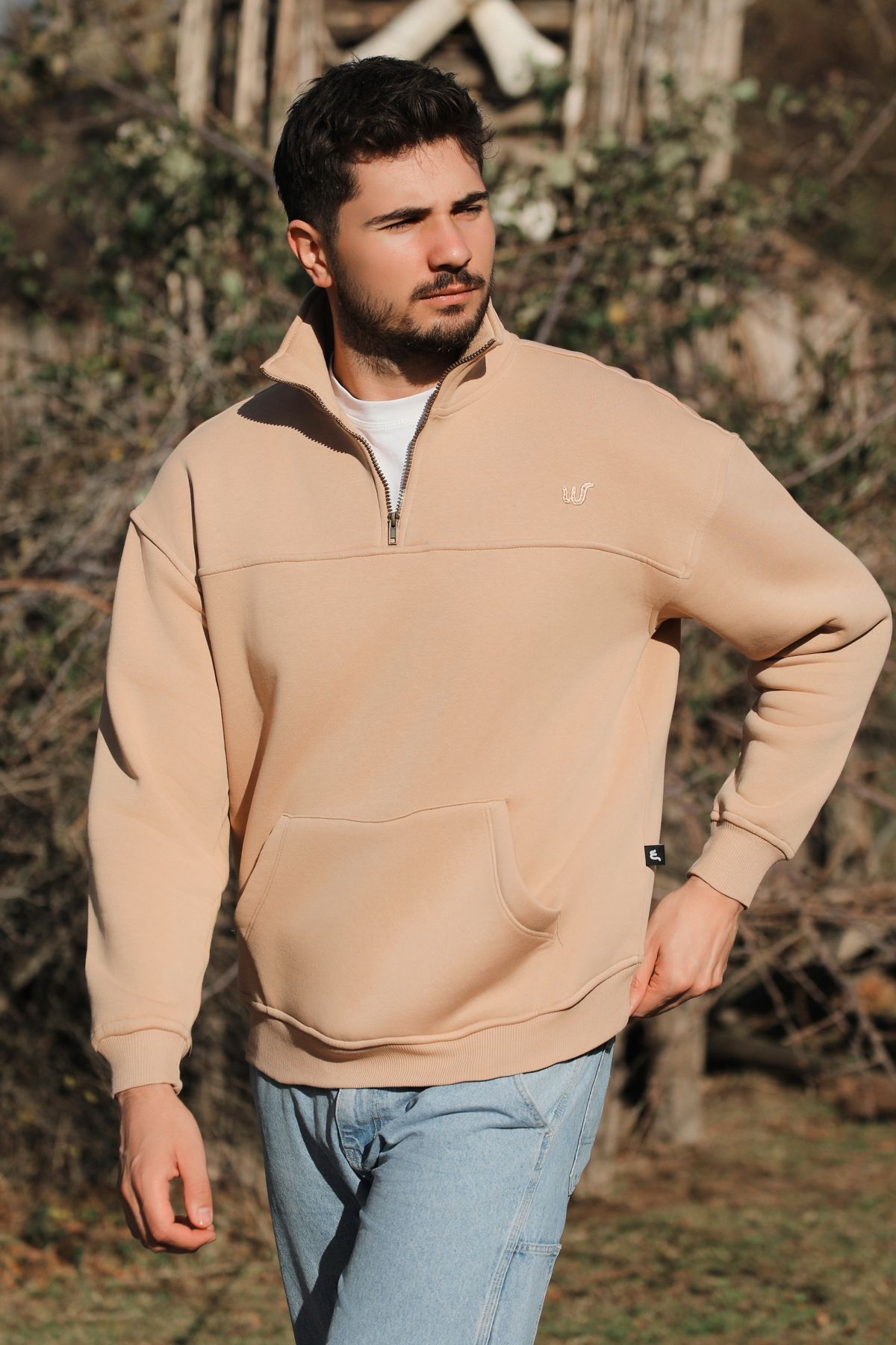 Solano Sand Oversize Kanguru Cep Sweatshirt