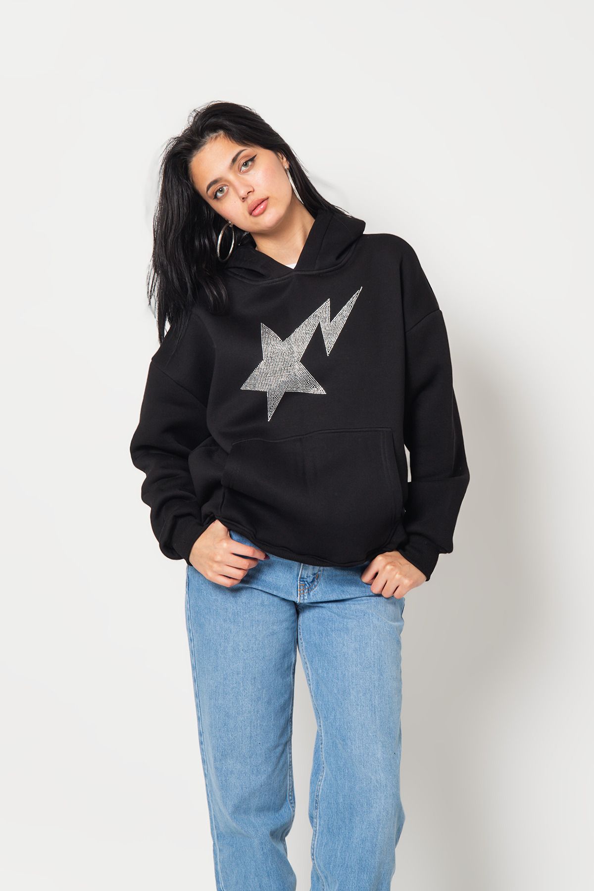 Shining Star Taş Baskılı Oversize Unisex Premium Siyah Hoodie