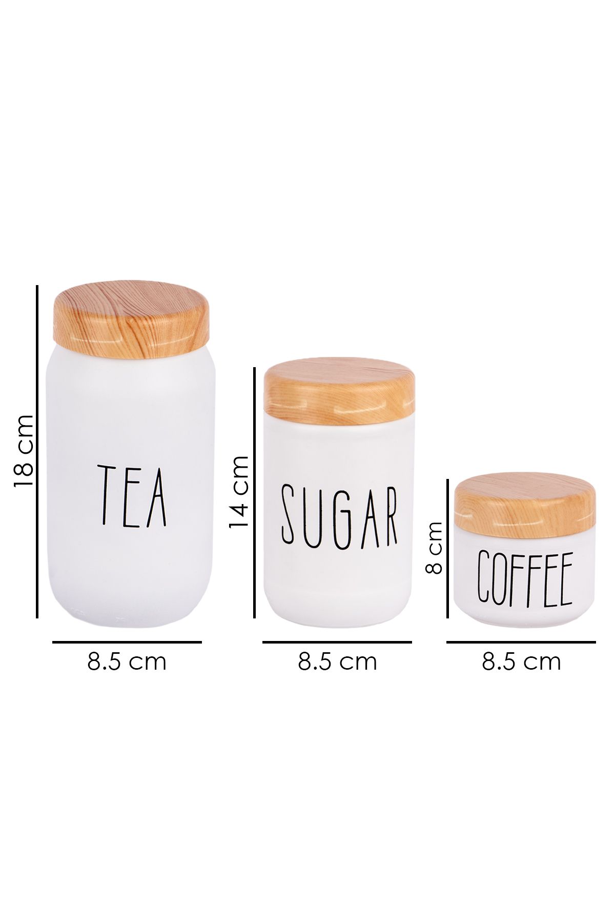 3'lü Tea Sugar Coffee Kavanozu 300 - 650 - 1000 ml Cam Kavanoz Beyaz Renk