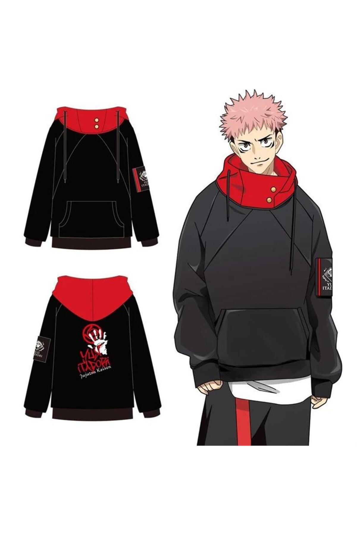 Siyah Anime Jujutsu Kaisen Yuji Itadori Kapüşonlu Sweatshirt