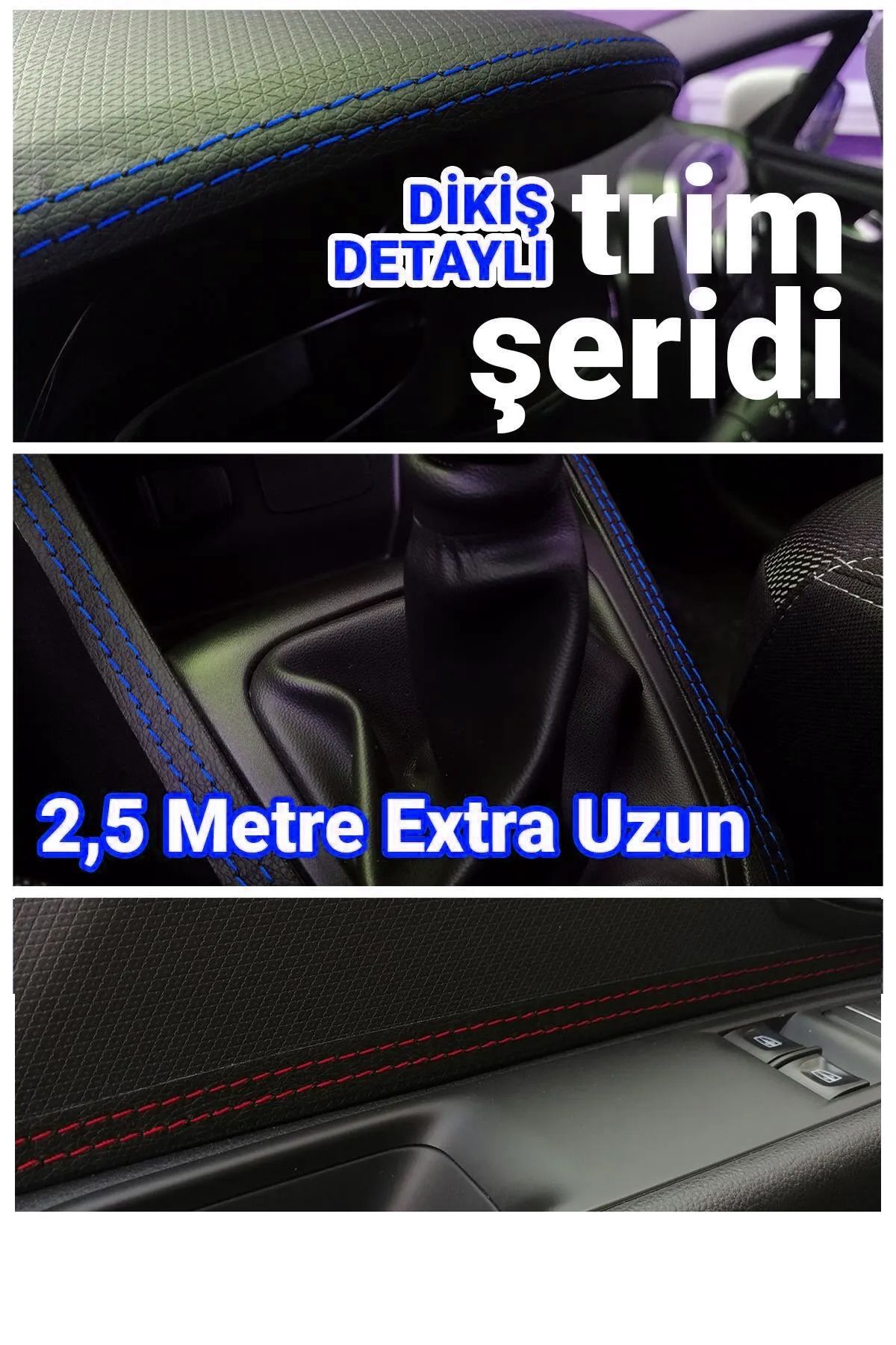 Araba Oto içi Kırmızı  / Mavi Dikiş Kapı Torpido Üstü Çizgi Deri Trim Şerit 2.5 Mt