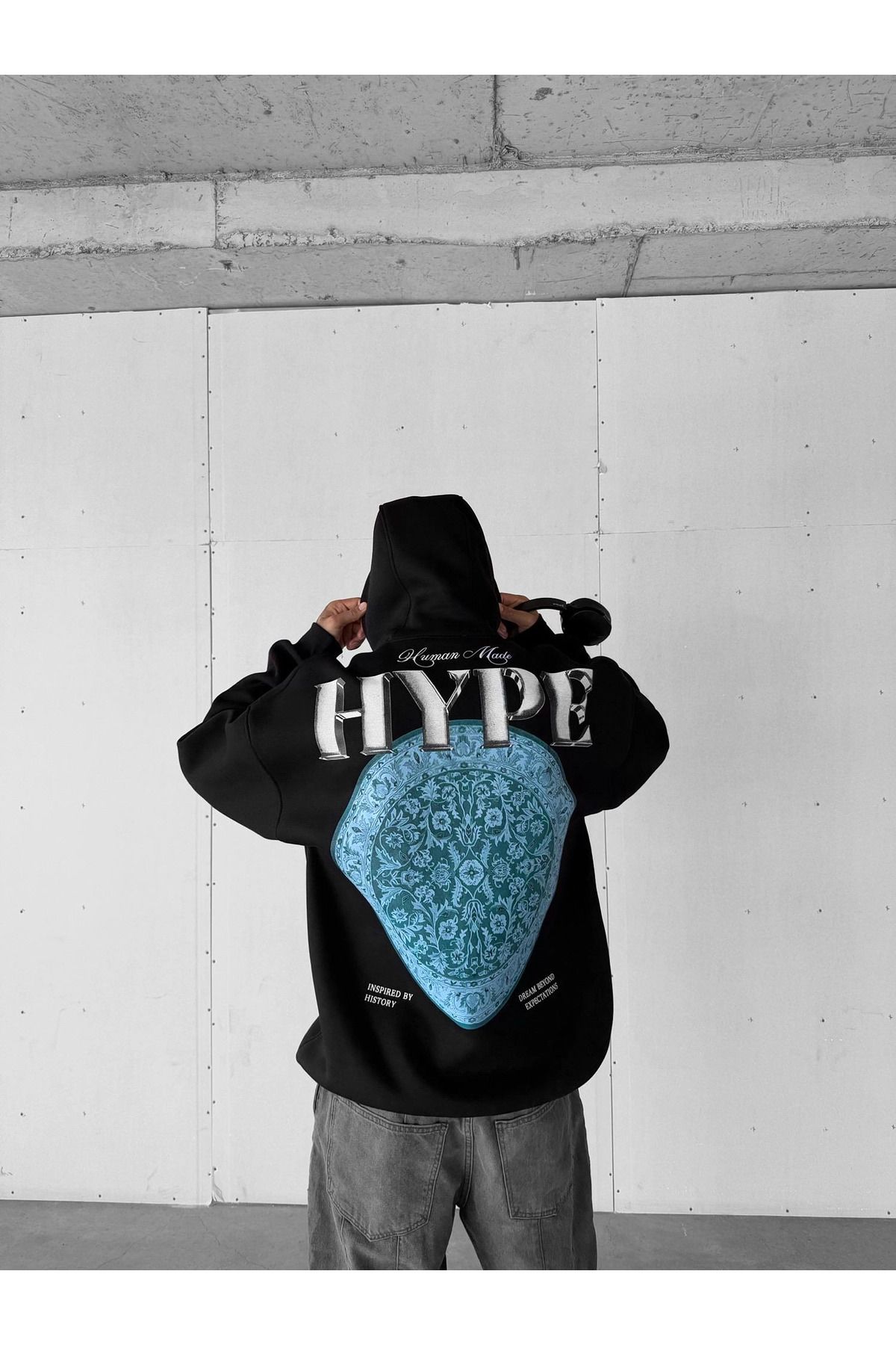 Unisex Oversize Hype Baskılı Premium Kapüşonlu Sweatshirt Siyah