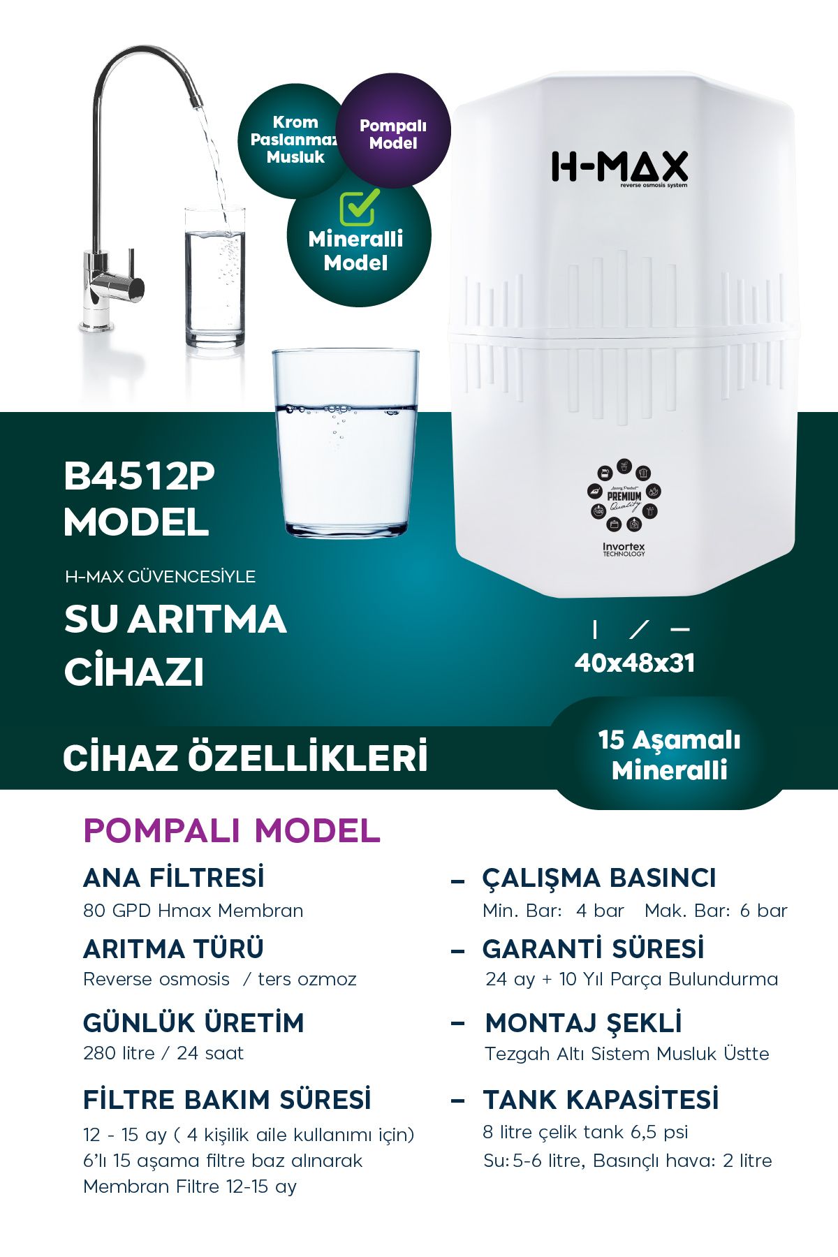 Azerbaycan 12 Litre Pompalı 15 Aşama Multi Mineralli 80 GPD Su Arıtma Cihazı HMAXA4512P