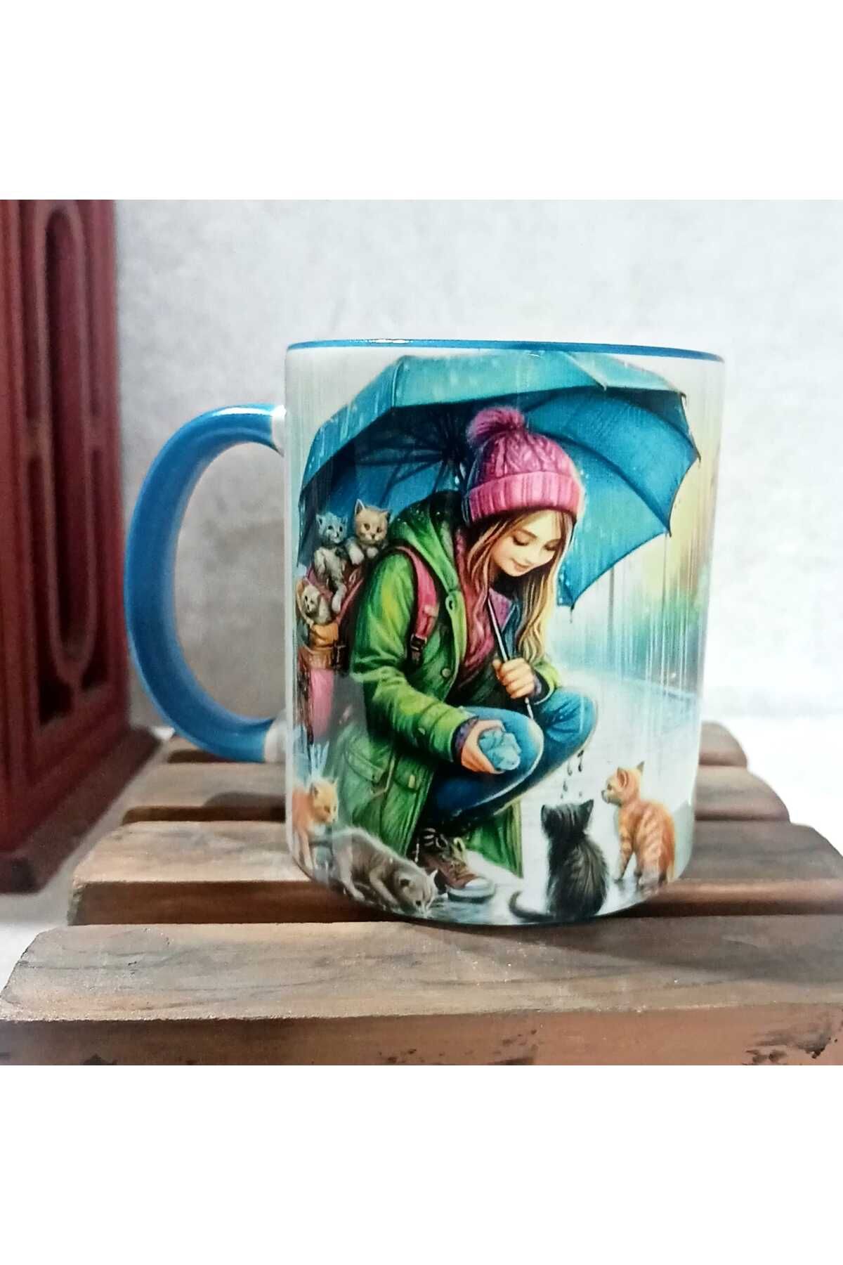 Mugs and love Kedili kızvintage baskı büyük b...