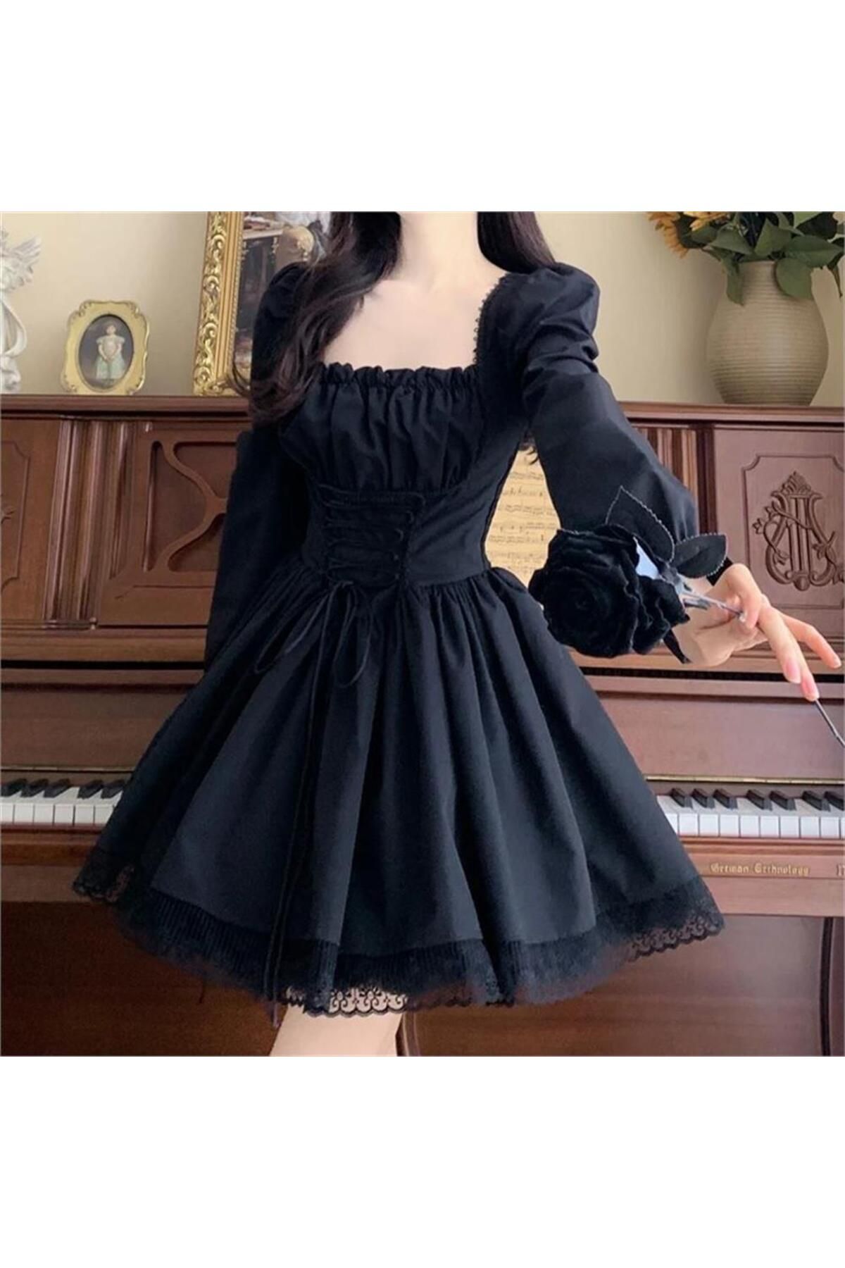 Yeni Siyah Balon Uzun Kol Gothic Lolita Dantel Detaylı Elbise