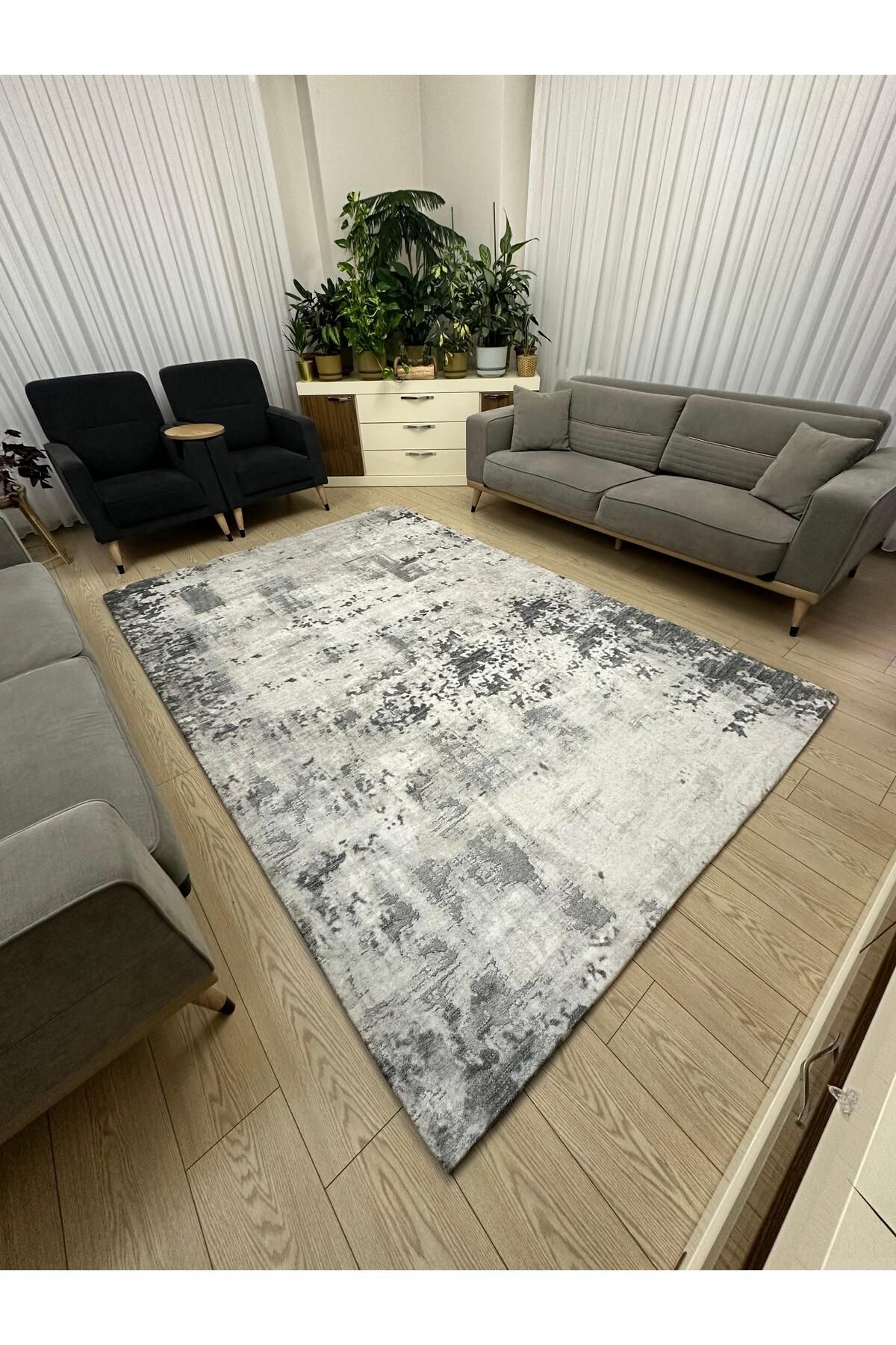 Süngersiz Halı Örtüsü - Lastikli - Yıkanabilir - Dijital Baskı - Ölçü 6m² 200x300 cm DÜZ GRİ