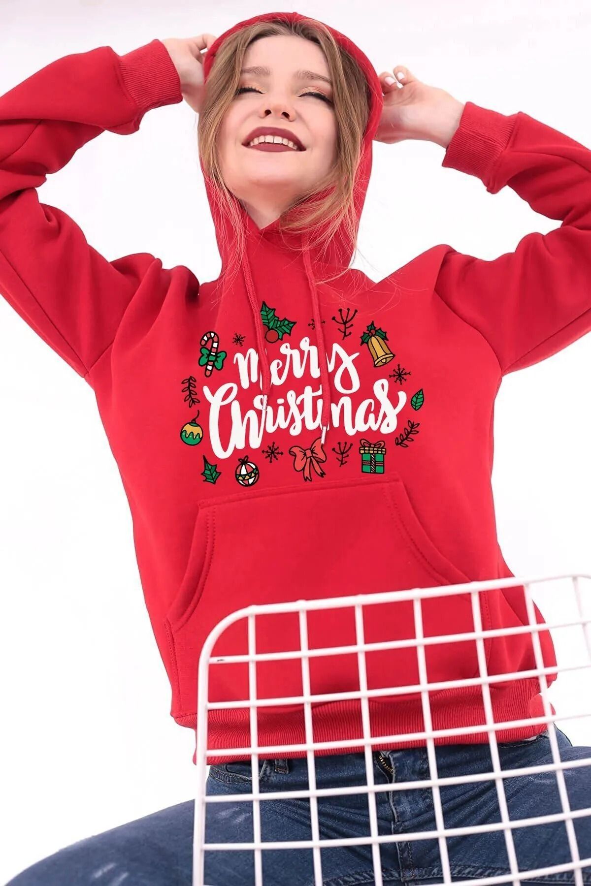 Yılbaşı Yeni Yıl Merry Christmas Oversize Kapşonlu Sweatshirt Kırmızı Hediye Hoodie