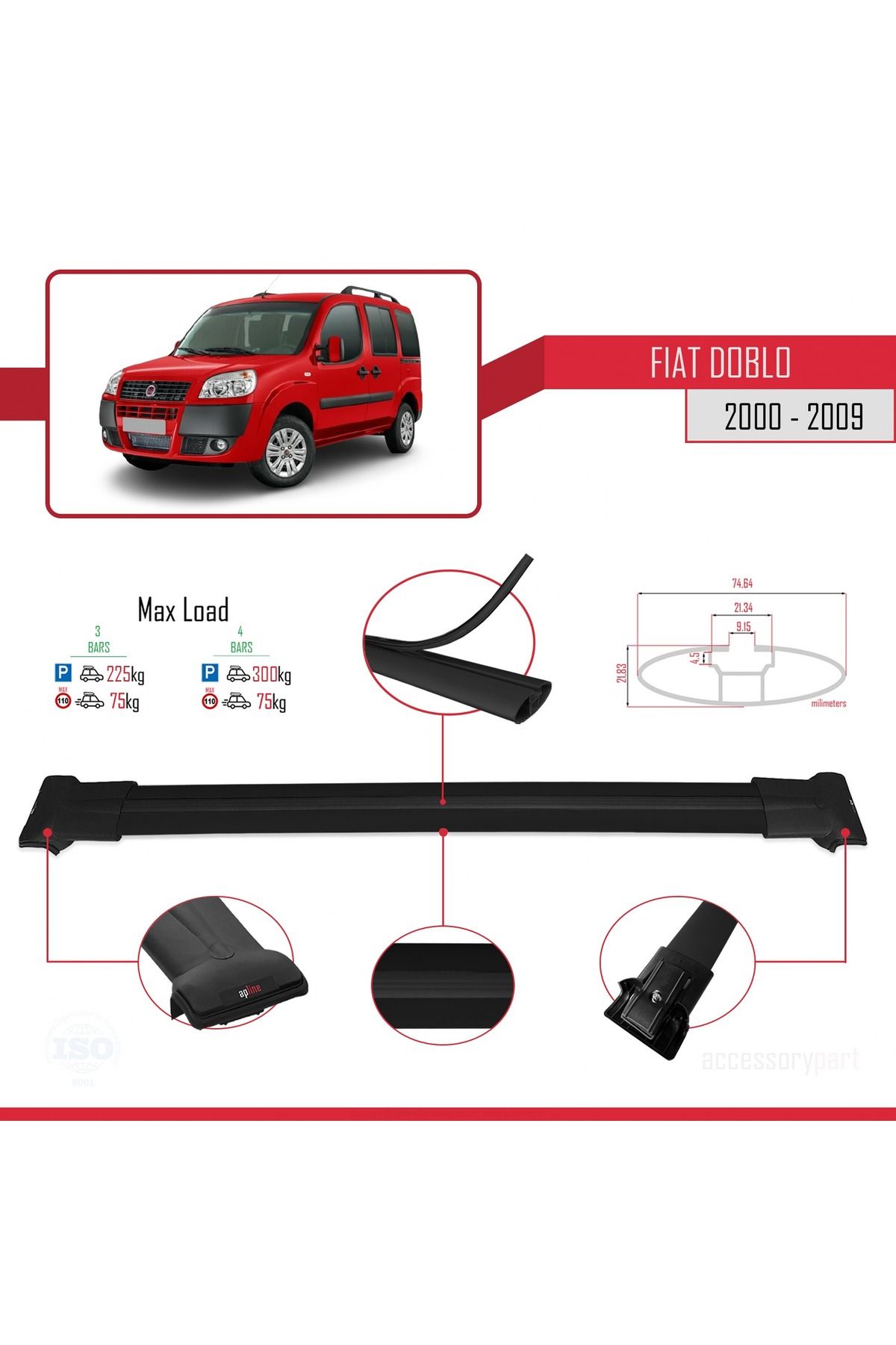 Fiat Doblo 2000-2009 Arası Ile Uyumlu Fly Model Ara Atkı Tavan Barı Siyah 3 Adet