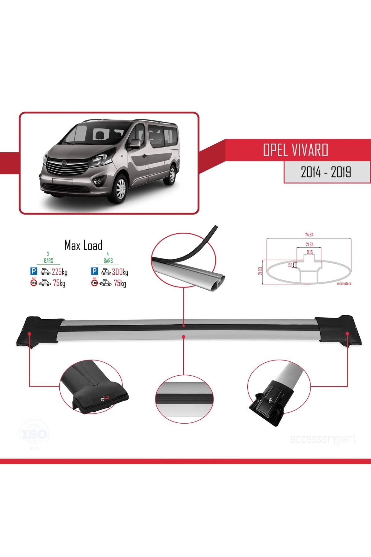 Opel Vivaro B 2014-2019 Arası Ile Uyumlu Fly Model Ara Atkı Tavan Barı Gri 3 Adet