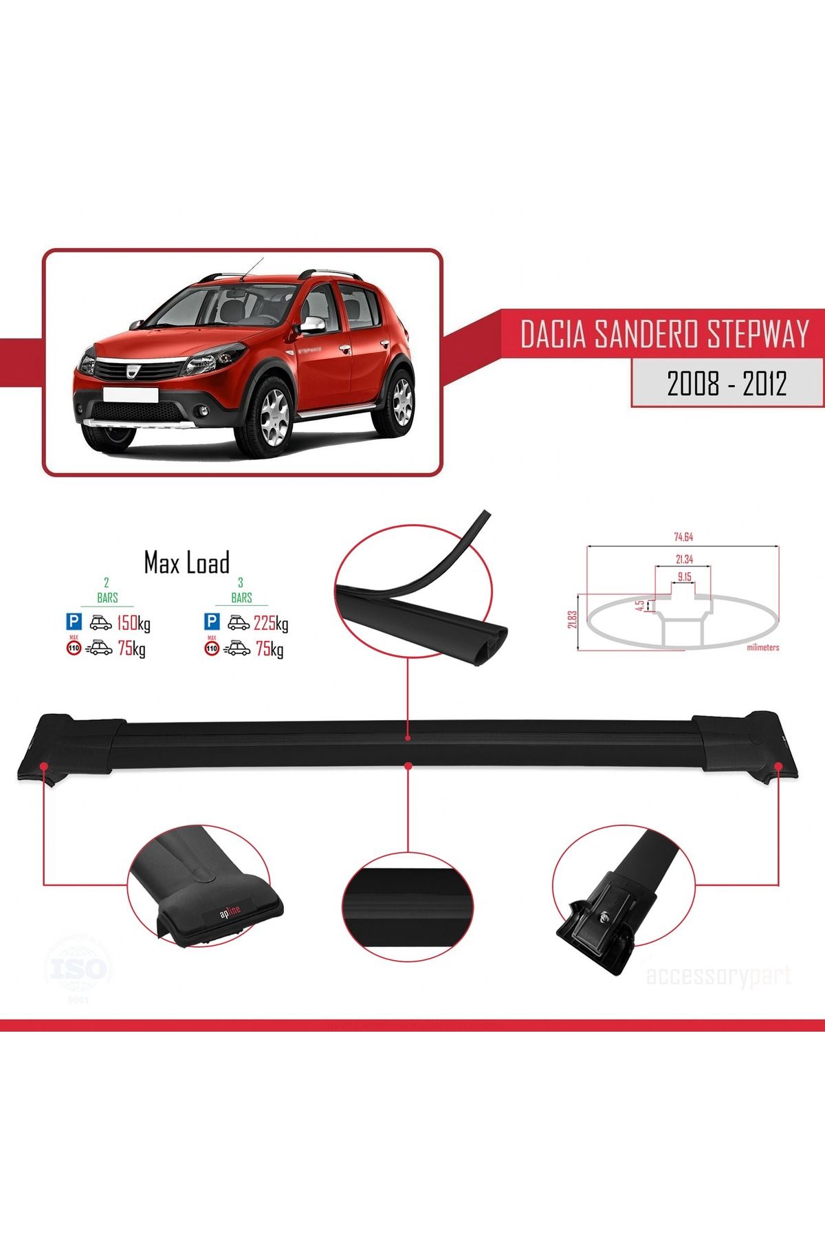 Dacia Sandero Stepway 2008-2012 Arası Ile Uyumlu Fly Model Ara Atkı Tavan Barı Siyah 2 Adet