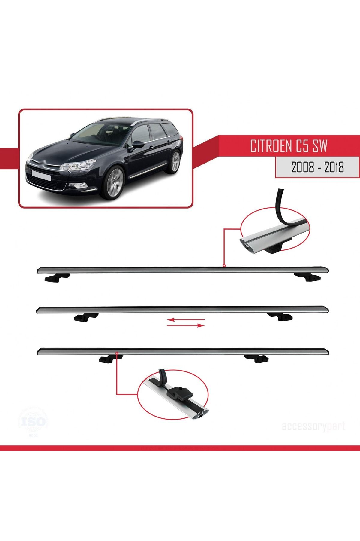 Citroen C5 Iı Tourer 2008-2018 Arası Ile Uyumlu Basıc Model Universal Ara Atkı Tavan Barı Gri 2 Adet