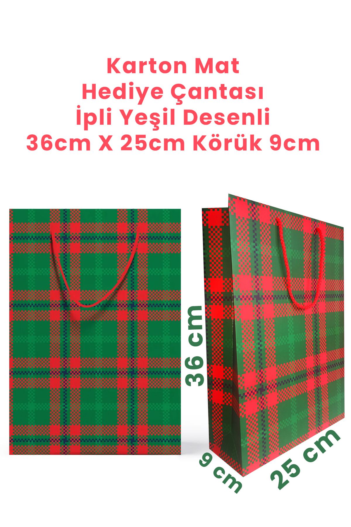 2 Adet Ipli Karton Yeşil Desenli Çanta 36x25x9cm Körüklü Bristol Yılbaşı Hediyelik