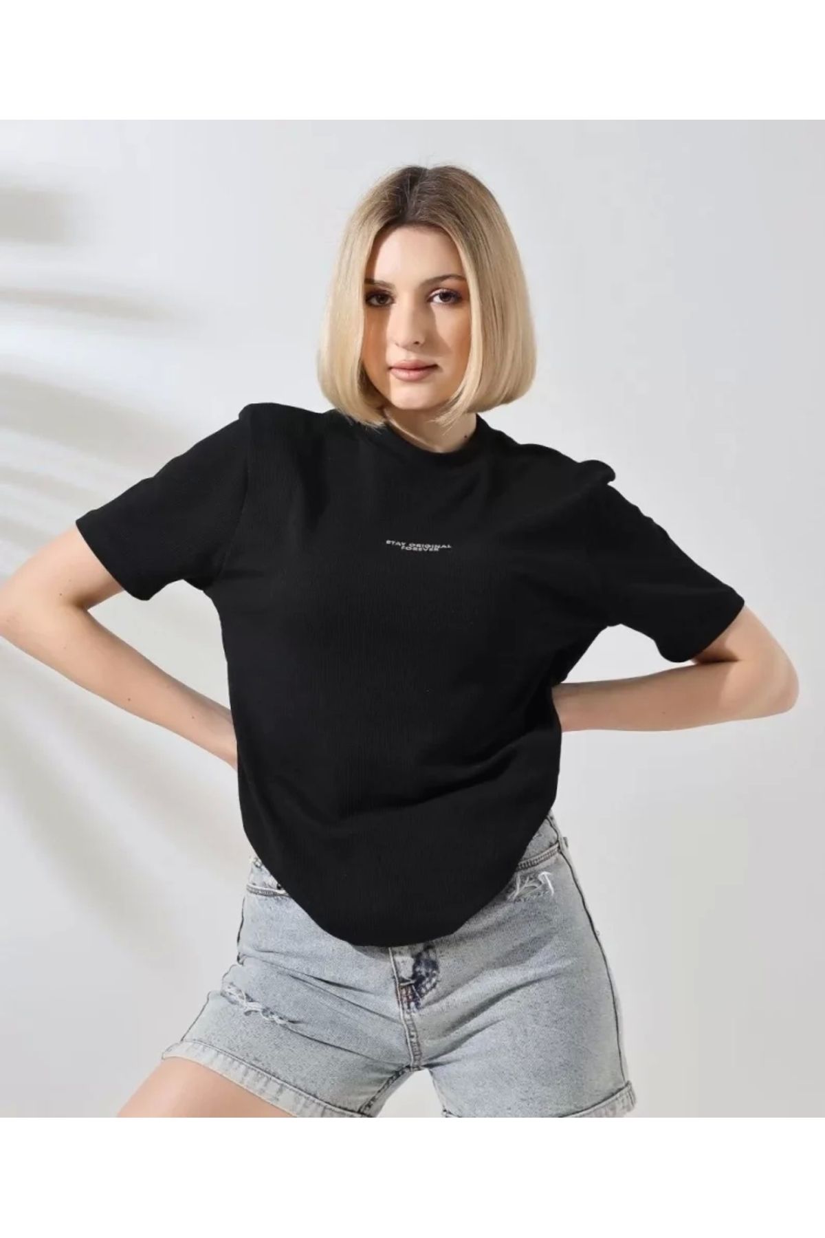 modahayzey Unisex Bisiklet Yaka Baskılı Slim Fit T-Shirt - Siyah