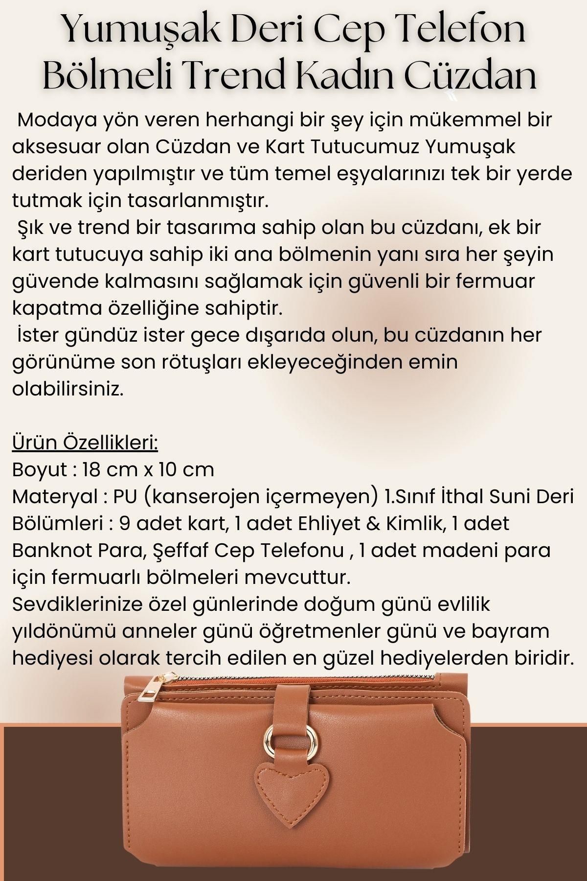 Soft Suni Deri Cep Telefon Bölmeli Trend Kadın Cüzdan Kalp Detaylı  - PRS-Nisa-Turuncu