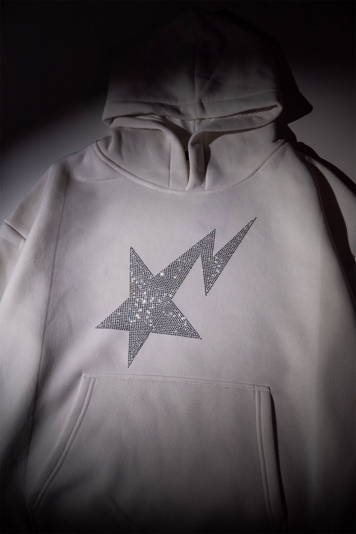 Shining Star Taş Baskılı Oversize Unisex Premium Beyaz Hoodie