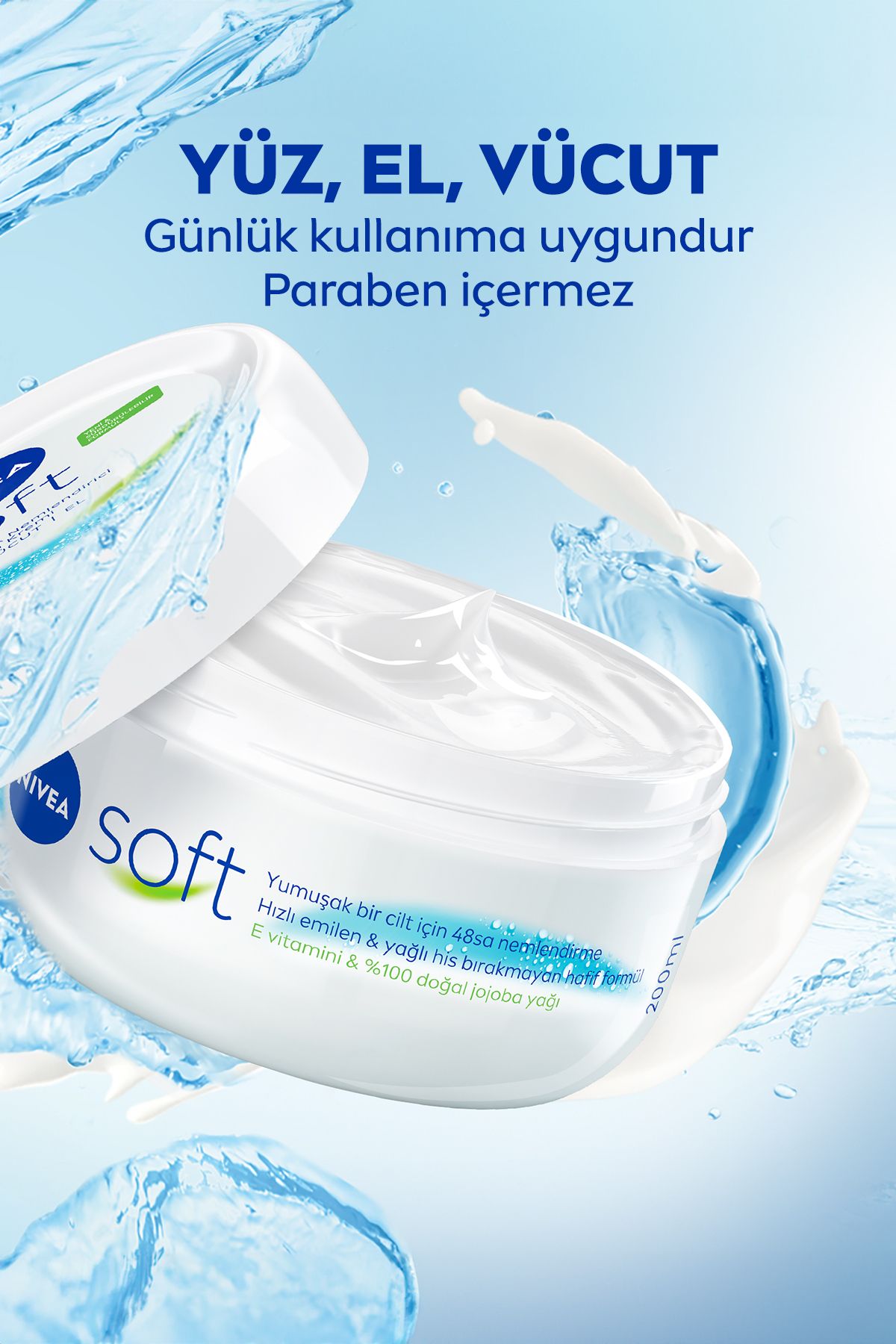 Soft Nemlendirici Bakım Kremi 100ml, Jojoba Yağı, E Vitamini, Yüz Vücut El, Yumuşak Cilt Hissi