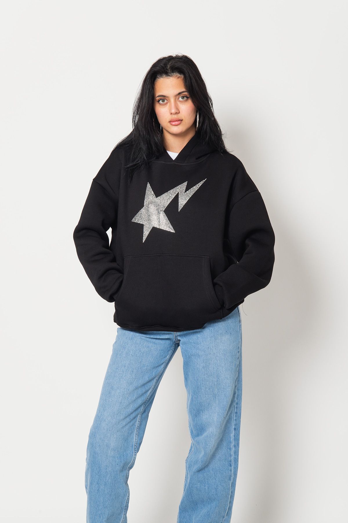 Shining Star Taş Baskılı Oversize Unisex Premium Siyah Hoodie