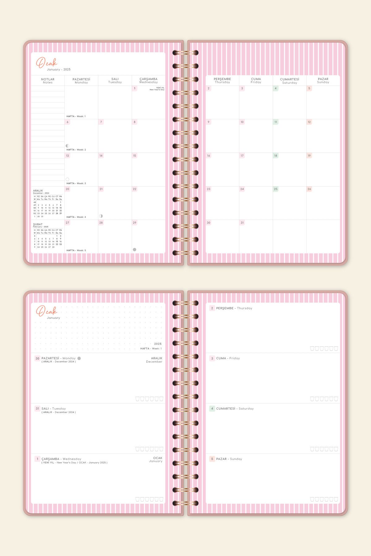 2025 Spiralli A5 Renkli Haftalık ajanda Kir ve Suya Dayanıklı Sert Kapak - Pembe