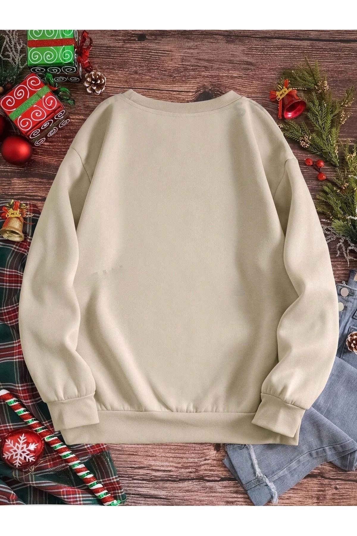 Merry Christmas Basklı Bej Bisikletyaka Sweatshirt