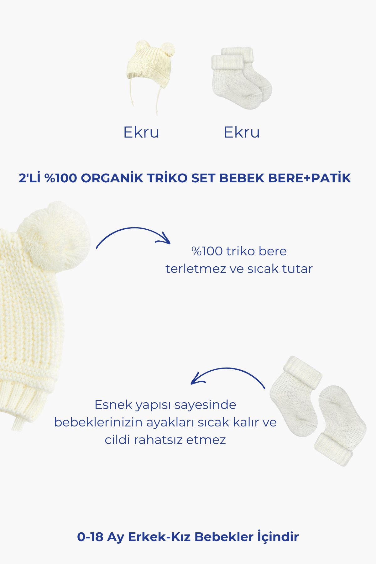 Bebek Bere+Patik Çorap Set, 2'li %100 Organik Triko Bebek Şapka+Bebek Çorap Patik 0-18 Ay