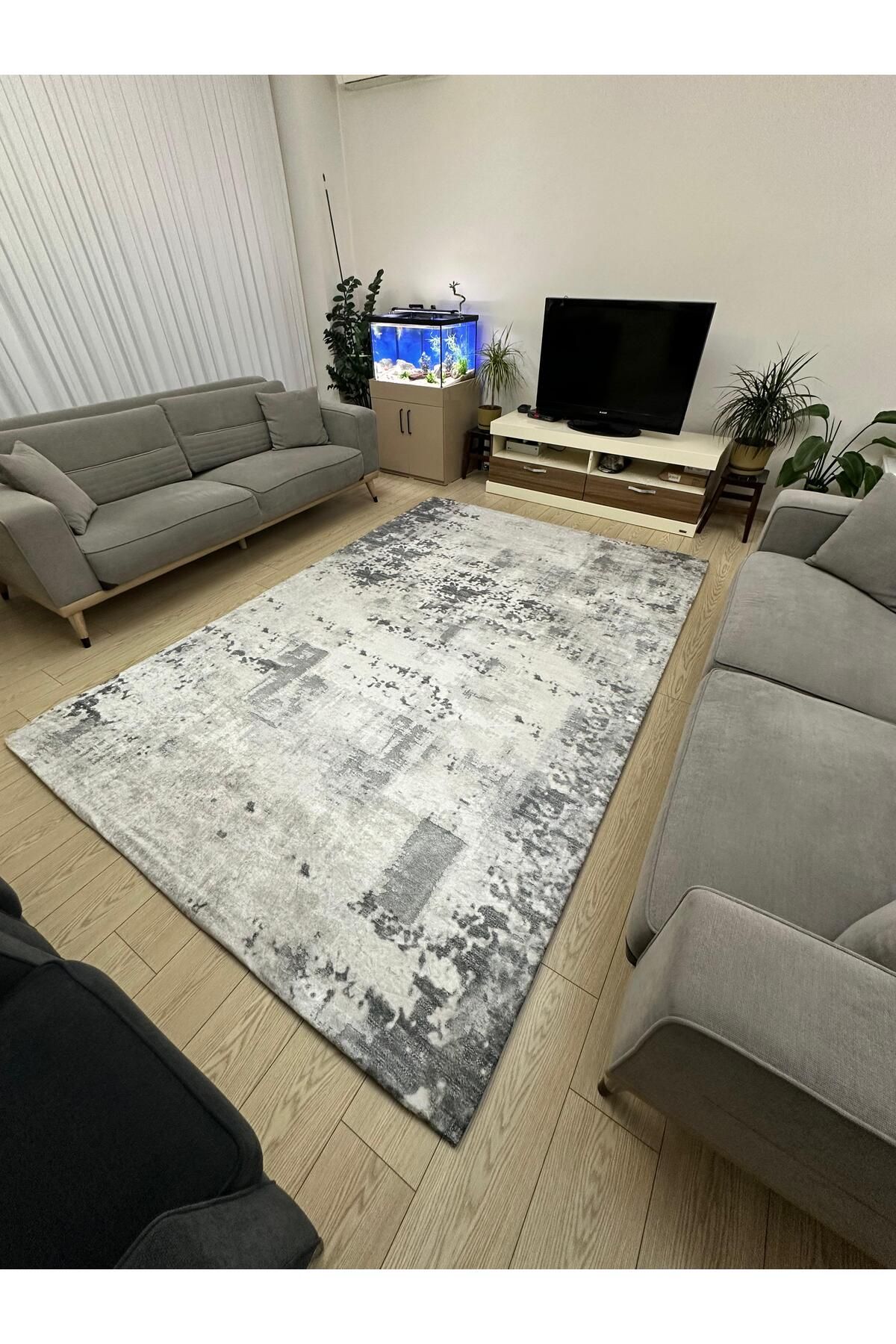 Süngersiz Halı Örtüsü - Lastikli - Yıkanabilir - Dijital Baskı - Ölçü 6m² 200x300 cm DÜZ GRİ