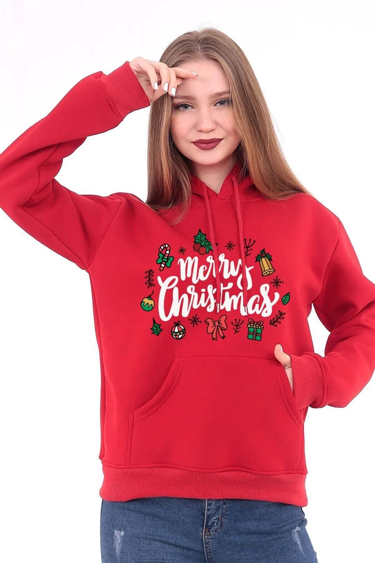 Yılbaşı Yeni Yıl Merry Christmas Oversize Kapşonlu Sweatshirt Kırmızı Hediye Hoodie