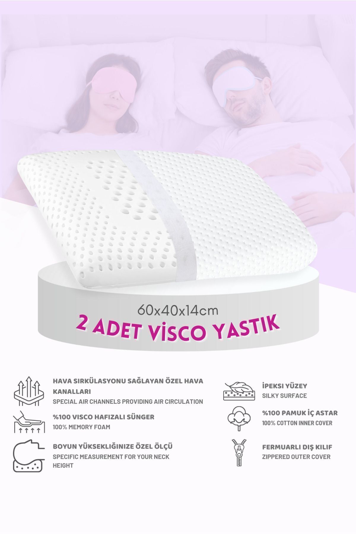 2'li Set Visco Hava Kanallı Ortopedik Yastık, 60x40x14cm, Beyaz-Pembe