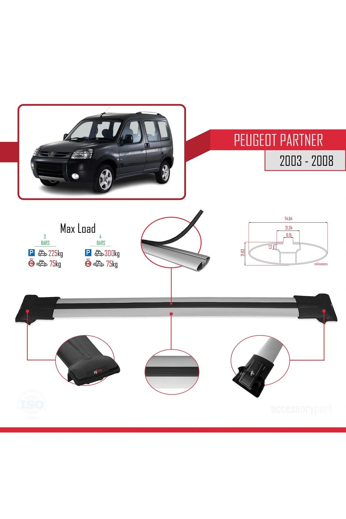 Peugeot Partner Post-facelift 2003-2008 Arası Ile Uyumlu Fly Model Ara Atkı Tavan Barı Gri 3 Adet