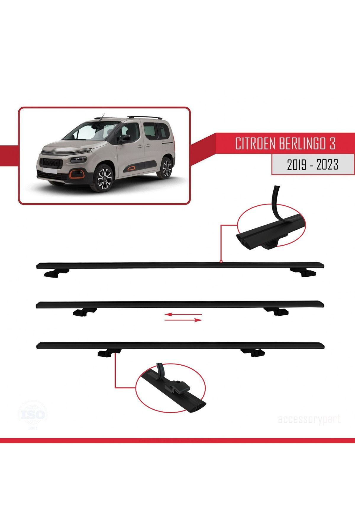 Citroen Berlingo 3 (K9) 2019-2022 Arası Ile Uyumlu Basıc Model Universal Ara Atkı Tavan Barı Siyah 3