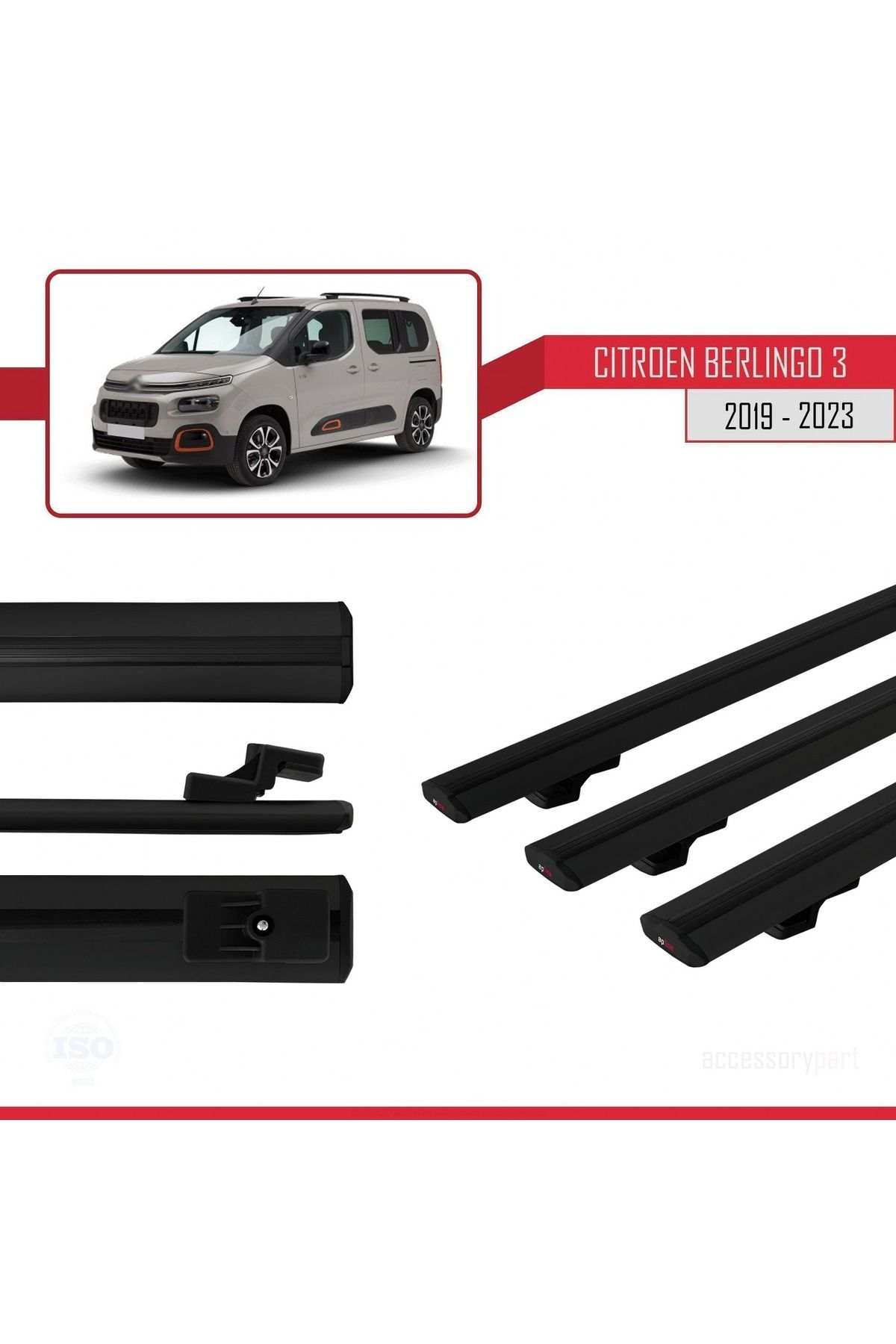 Citroen Berlingo 3 (K9) 2019-2022 Arası Ile Uyumlu Basıc Model Universal Ara Atkı Tavan Barı Siyah 3