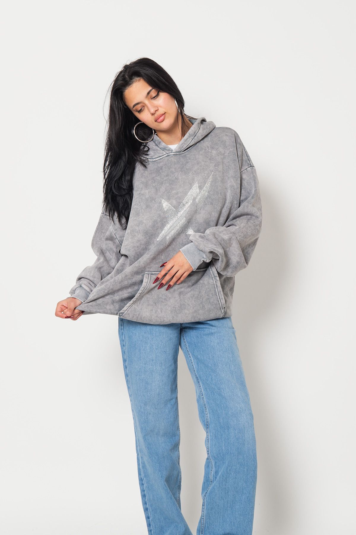 Shining Star Taş Baskılı Oversize Unisex Premium Yıkamalı Beyaz Hoodie