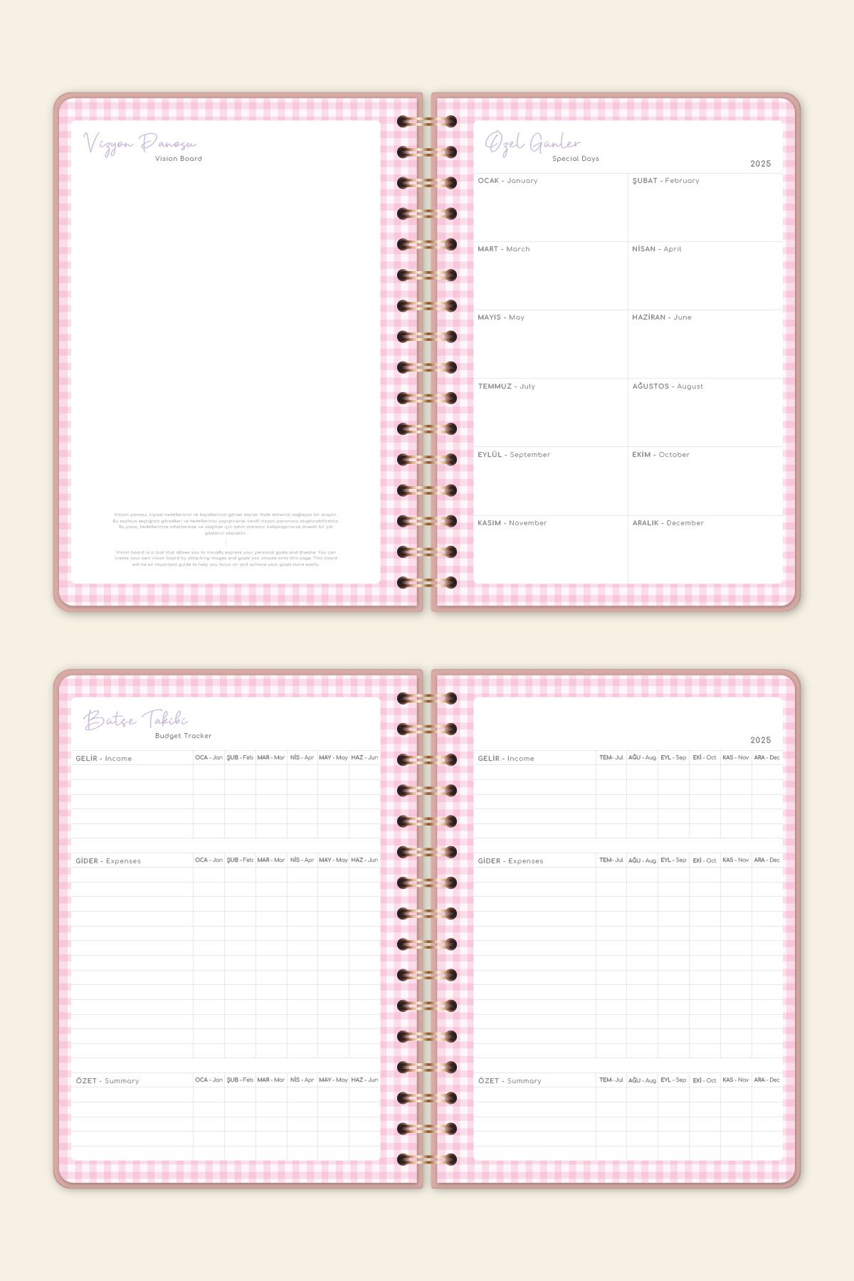 2025 Spiralli A5 Renkli Haftalık ajanda Kir ve Suya Dayanıklı Sert Kapak - Pembe