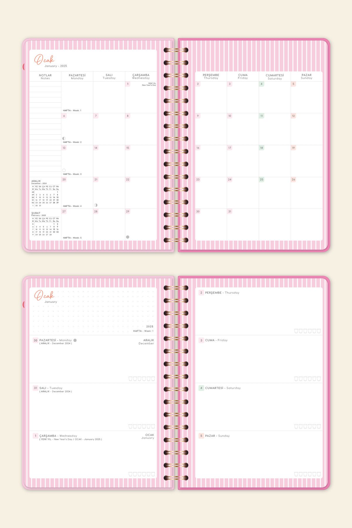 2025 A5 Spiralli Renkli Haftalık Ajanda 12 Aylık – Motivasyon Sayfalı Kiraz
