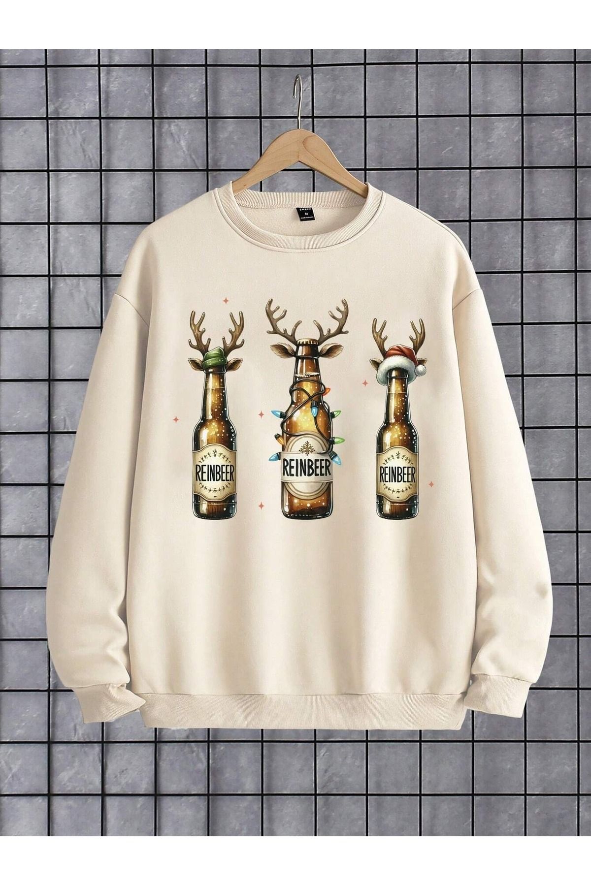 Merry Christmas Reinbeer Basklı Bej Bisikletyaka Sweatshirt