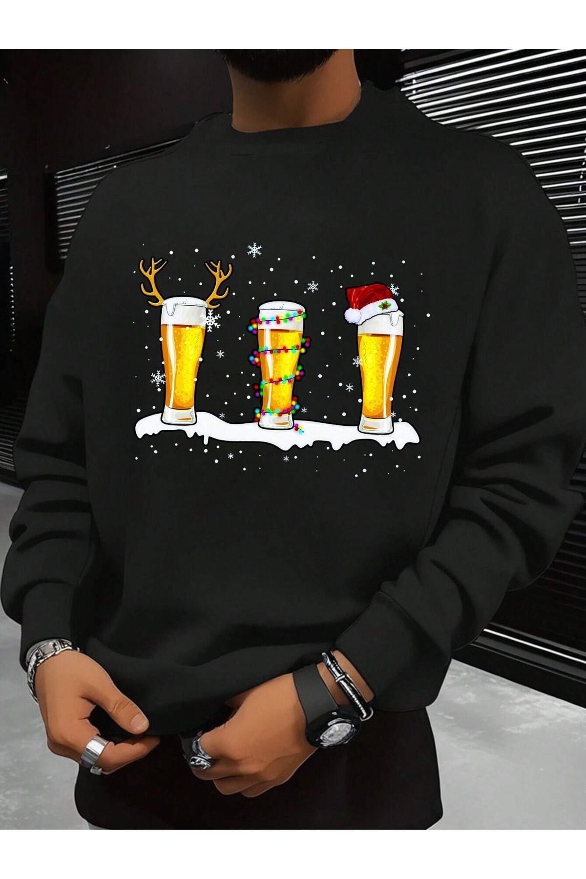 Merry Christmas Bira Baskılı Bisiklet Yaka Sweatshirt