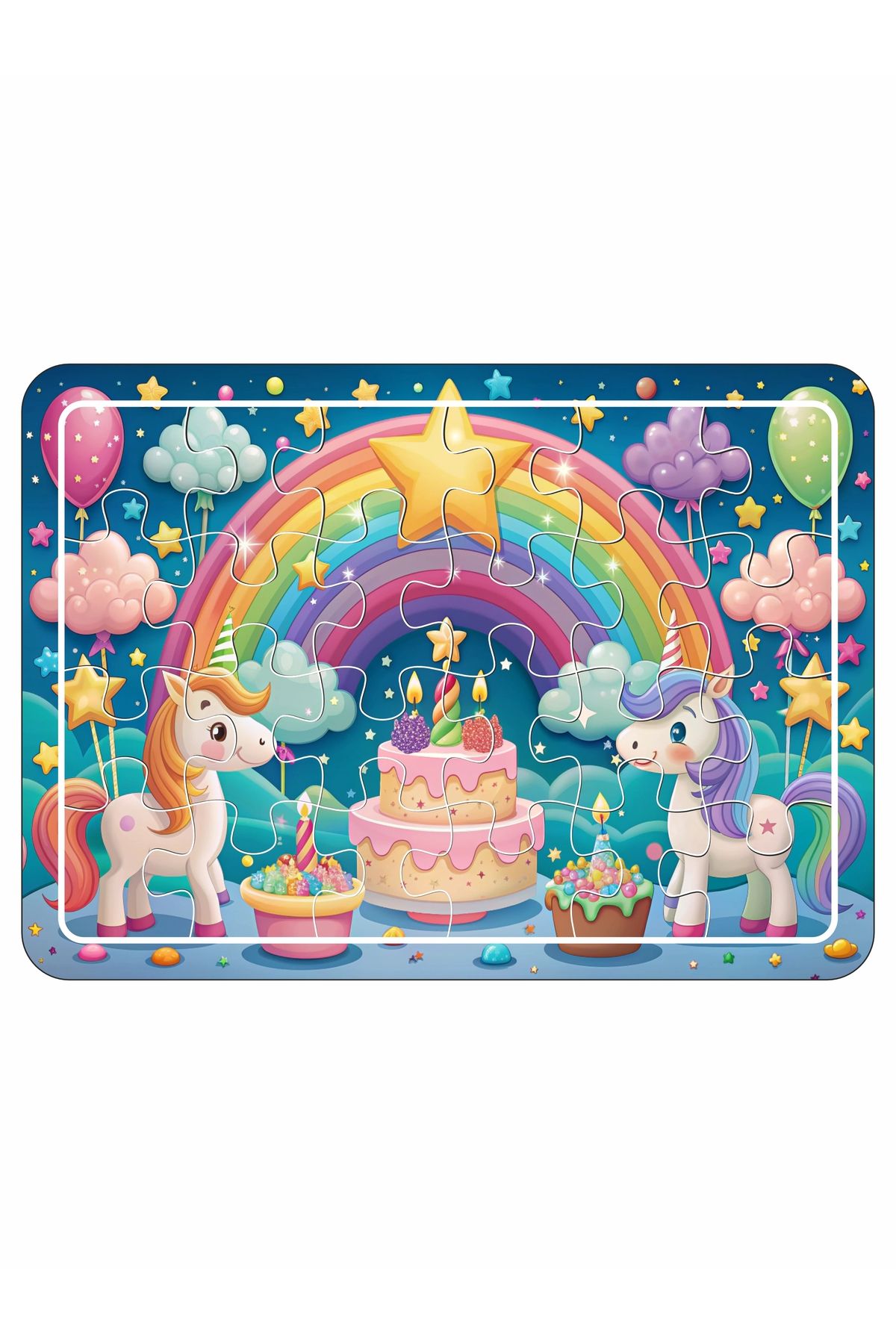 Sevimli Unicorn, Yıldızlar, Gökkuşağı 24 Parça Ahşap Puzzle