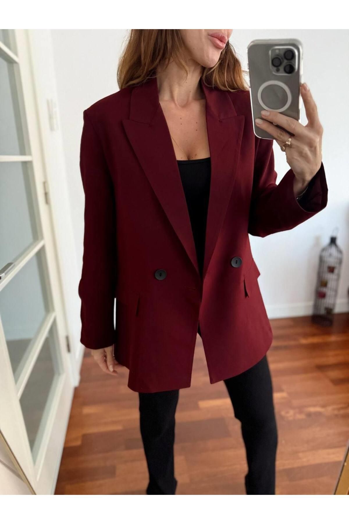 Kadın Double Kumaş Astarlı Koyu Bordo Blazer Ceket