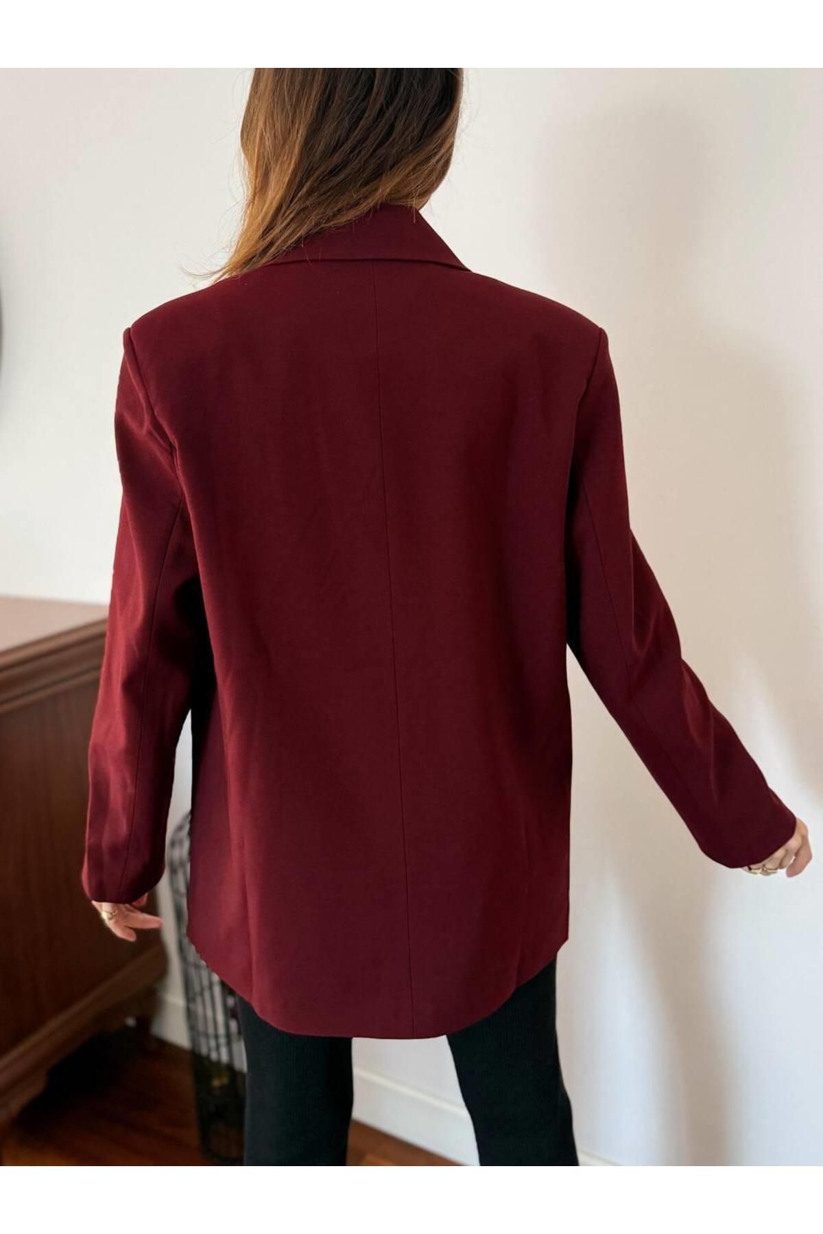 Kadın Double Kumaş Astarlı Koyu Bordo Blazer Ceket