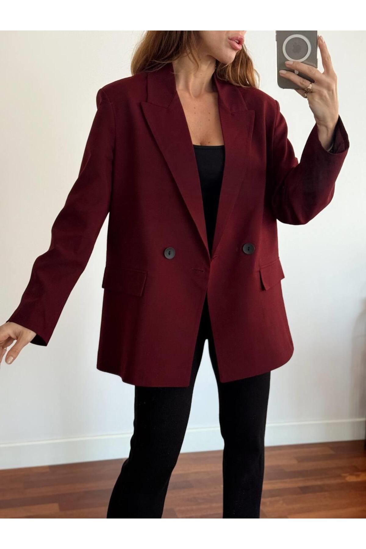 Kadın Double Kumaş Astarlı Koyu Bordo Blazer Ceket