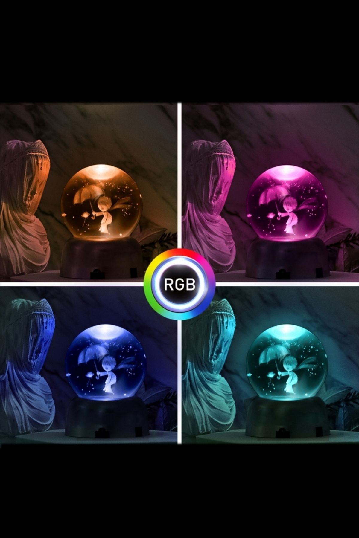 Küçük Prens Işıklı Kristal Cam Küre, Rgb Led Aydınlatmalı Dekoratif Küre Lamba