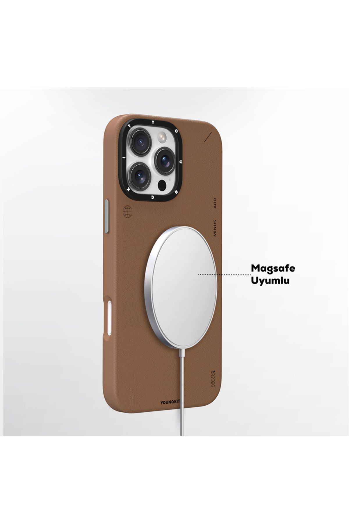 iPhone 16 Pro Max Kılıf Magsafe Uyumlu Basit Mat Deri Desen Youngkit Tech Fashion Serisi Kahverengi