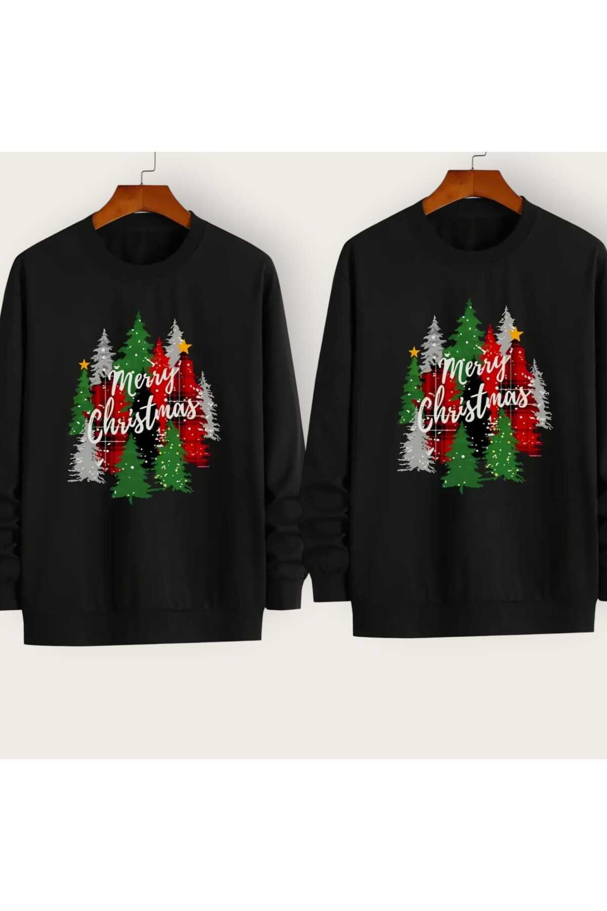 Çift Kombini Yeni Yıl Christmas Yılbaşı Noel Resimli Baskılı Bisiklet Yaka Oversize Sweatshirt