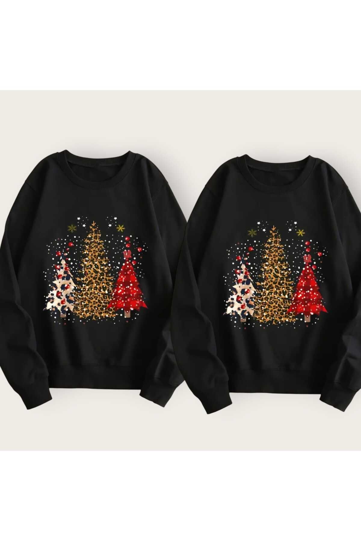 Çift Kombini Yeni Yıl Christmas Yılbaşı Noel Resimli Baskılı Bisiklet Yaka Oversize Sweatshirt