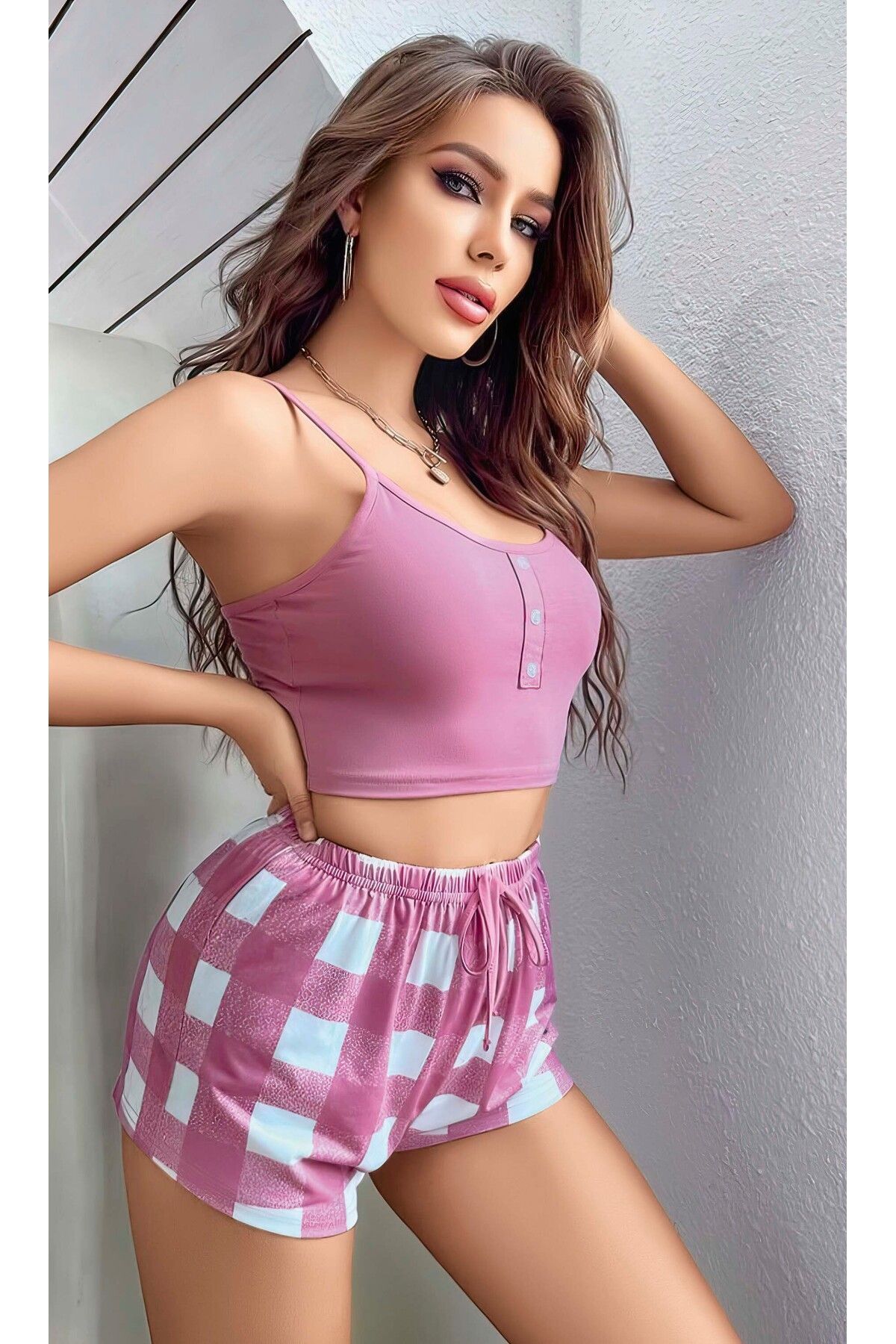 Pembe Kareli Mini Pijama Takımı, Kadın Şort Crop Takım, Büstiyer